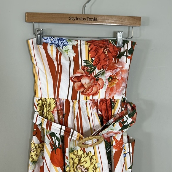 Anthropologie Maeve Strapless Belted A Line Midi Dress Red Floral Pockets XS NEW - Picture 6 of 16